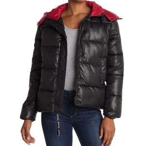 NWT Kendall + Kylie Black & Red Hooded Puffer Coat S